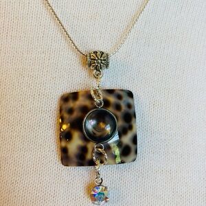 Handmade Seashell and Cabochon Pendant Necklace with Silver Chain 18 Inches